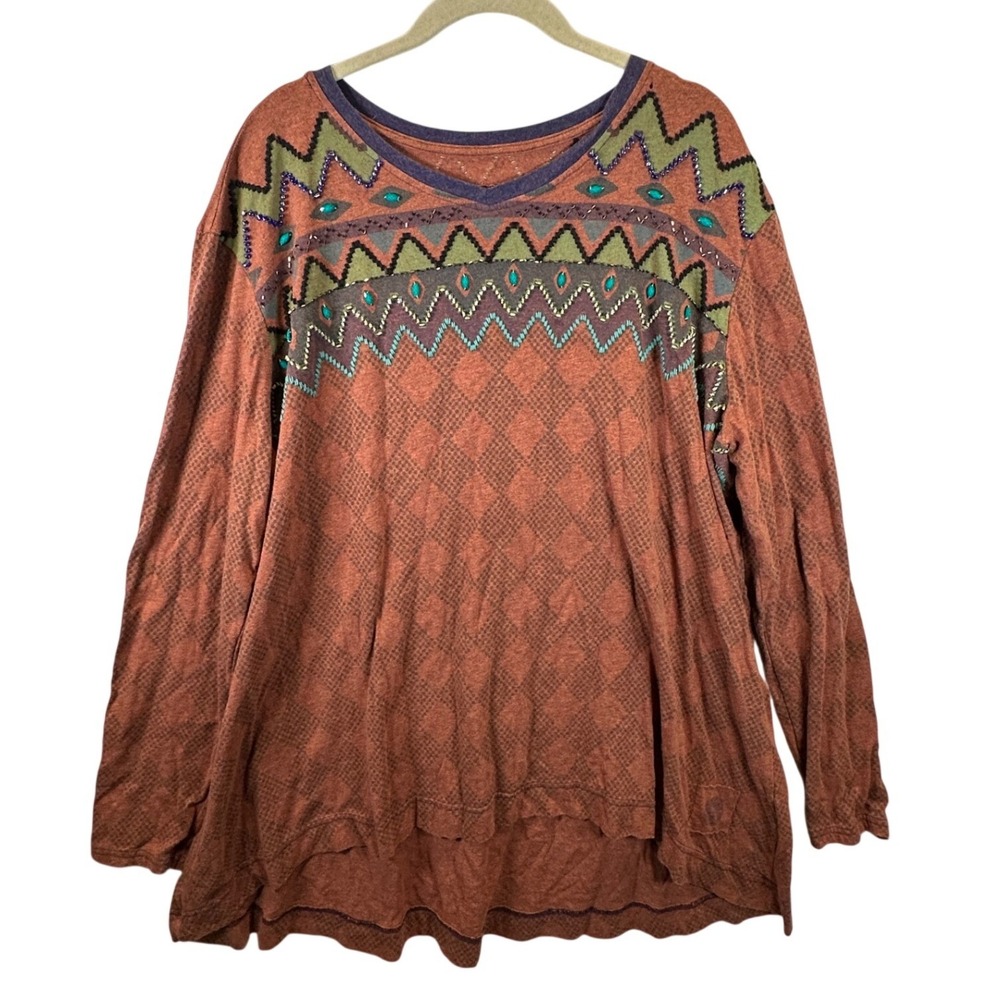 Double D Ranch 2X Terracotta Cotton Beaded Southwestern Long Sleeve Top